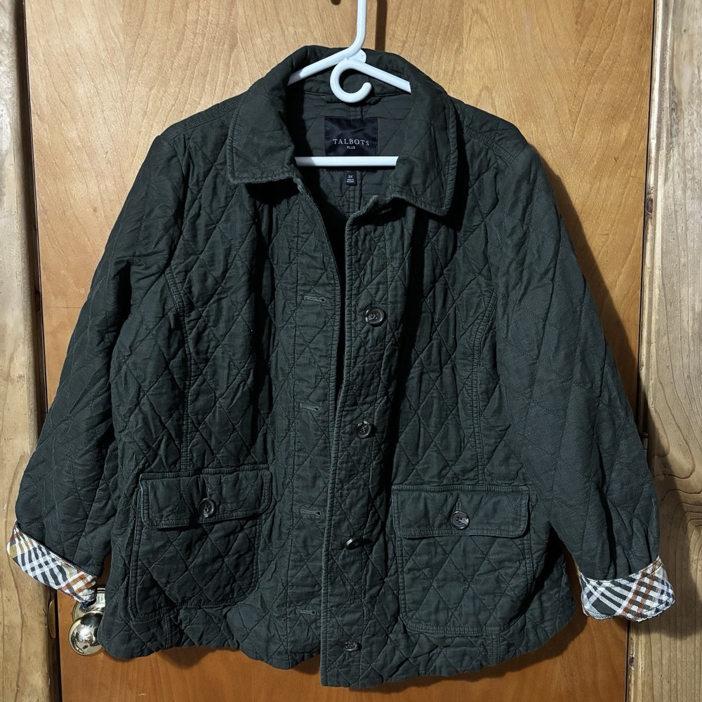 Talbots Plus Size 2X Quilted Corduroy Barn Jacket Olive Green Plaid Trim
